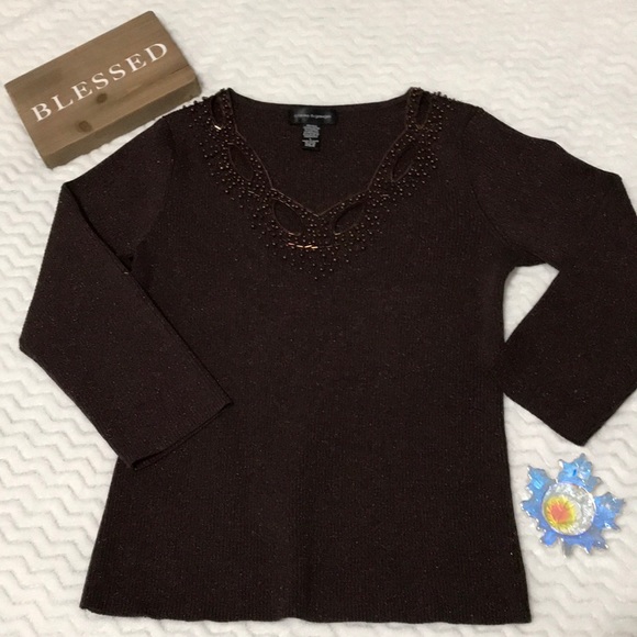 BROWN SPARKLING BLOUSE /SWEATER CABLE & GAUGE L - Picture 3 of 4